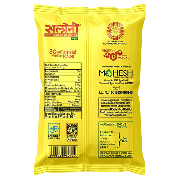 Saloni Kachi Ghani Mustard Oil 1 L (Pouch)